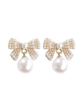 White Bow Coquette Faux Pearl Formal Prom Cocktail Stud Earrings Wedding Jewelry